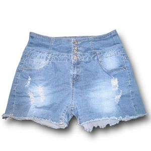 Distressed Curve Hugging High Waist Button Fly Denim Stretch Jean Shorts XL* EUC